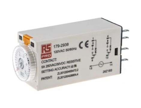 Przekaźnik czasowy zwłoczny jednofunkcyjny 0.2 → 5s DPDT 2-stykowy DPDT 110V ac