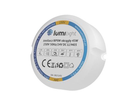 Zasilacz do puszki instalacyjnej, IP67, średnica 55mm, głębokość 22mm, 24V 1,88A 45W uniwersalny Lumilight