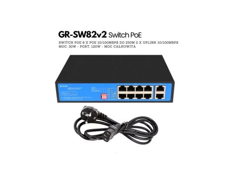 GR - SW82 v2 Switch PoE , 8 PoE, 2 Uplink, 250m do wideodomofonów IP, kamer IP