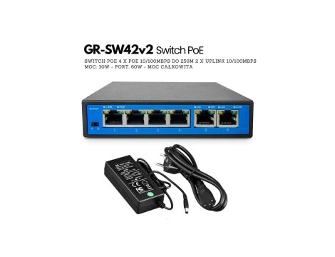 GR - SW42 v2 Switch PoE , 6 PoE, 2 Uplink, 250m do wideodomofonów IP, kamer IP