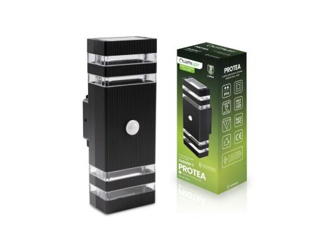 Lampa Ogrodowa Kinkiet Elewacyjny góra dół 2xGU10 Czarny Czujnik Ruchu i Zmierzchu IP54 PROTEA LUMILED