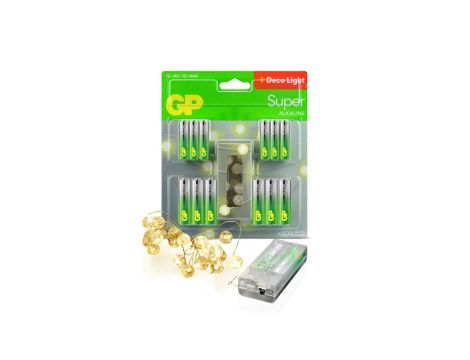 Zestaw 12x AA / LR6, 12x AAA / LR03 GP Super Alkaline + łańcuch LED 2m