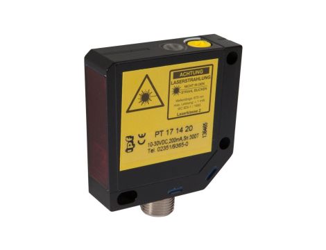 PT171420, czujnik laserowy, czujnik odbiciowy, 50x50x15m, Sn: 25-300, 10-30V DC, 2x NPN, złącze M12