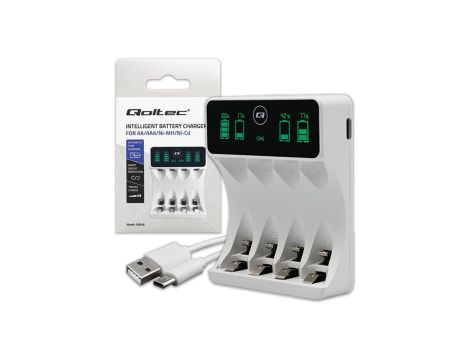 Qoltec Ładowarka do akumulatorków Ni-MH typu R03 AAA R6 AA LCD Kabel USB-C Biała