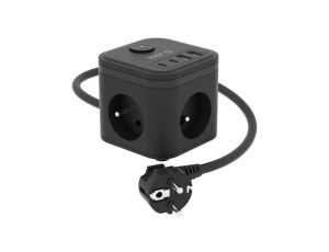 Kostka zasilająca 3-gniazdowa + ładowarka USB-A+USB-C 1,5m 31,5mm2 H05VV-F 16A/250V~ KERG Smart czarna