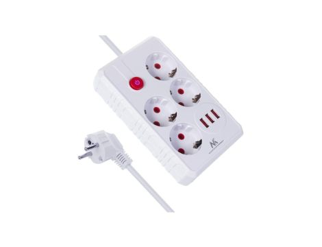 Listwa zasilająca Maclean, przedłużacz 4 gniazda + 3xUSB, 110-240V AC 50/60Hz, 2.1A max 2500W, 3m, biała,MCE393 W