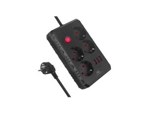 Listwa zasilająca Maclean, przedłużacz 4 gniazda + 3xUSB, 110-240V AC 50/60Hz, 2.1A max 2500W, 1,5m, czarna,MCE392 B