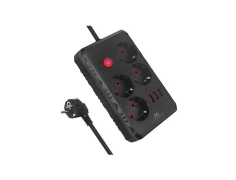 Listwa zasilająca Maclean, przedłużacz 4 gniazda + 3xUSB, 110-240V AC 50/60Hz, 2.1A max 2500W, 1,5m, czarna,MCE392 B