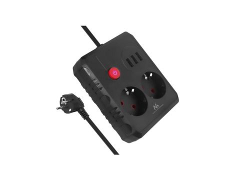 Listwa zasilająca Maclean, przedłużacz 2 gniazda + 3xUSB, 110-240V AC 50/60Hz, 2.1A max 2500W, 1.5m, czarna, MCE387 B