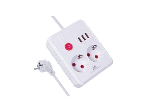Listwa zasilająca Maclean, przedłużacz 2 gniazda + 3xUSB, 110-240V AC 50/60Hz, 2.1A max 2500W, 1.5m, biała, MCE387 W