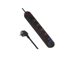 Listwa zasilająca Maclean, przedłużacz 5 gniazd + 3xUSB, 110-240V AC 50/60Hz, 2.1A max 2500W, 1,5m, czarna ,MCE395 B