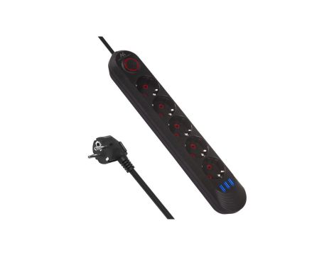 Listwa zasilająca Maclean, przedłużacz 5 gniazd + 3xUSB, 110-240V AC 50/60Hz, 2.1A max 2500W, 1,5m, czarna ,MCE395 B