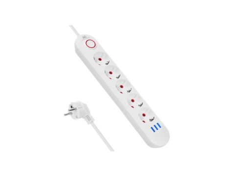 Listwa zasilająca Maclean, przedłużacz 5 gniazd + 3xUSB, 110-240V AC 50/60Hz, 2.1A max 2500W, 1,5m, biała ,MCE395 W