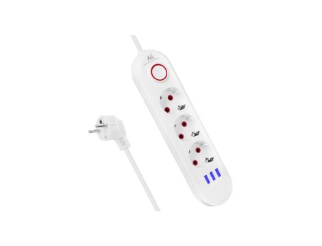 Listwa zasilająca Maclean, przedłużacz 3gniazda + 3xUSB, 110-240V AC 50/60Hz, 2.1A max 2500W, 1,5m, biała ,MCE394 W