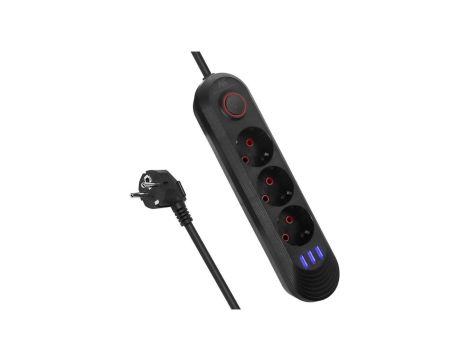 Listwa zasilająca Maclean, przedłużacz 3gniazda + 3xUSB, 110-240V AC 50/60Hz, 2.1A max 2500W, 1,5m, czarna ,MCE394 B