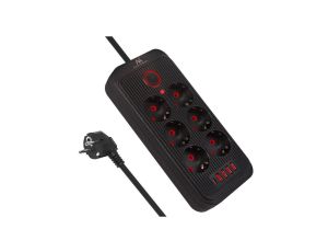 Listwa zasilająca Maclean, przedłużacz 6 gniazd + 4xUSB, 110-240V AC 50/60Hz, 2.1A max 2500W, 3m, czarna,MCE391 B