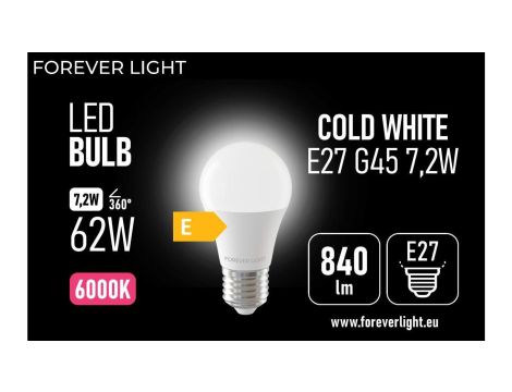 Żarówka LED E27 G45 7.2W 840lm 6000K klasa E Forever Light