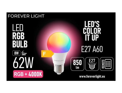 Żarówka LED RGB + NEUTRAL WHITE E27 A60 8W 850lm 4000K klasa F Forever Light