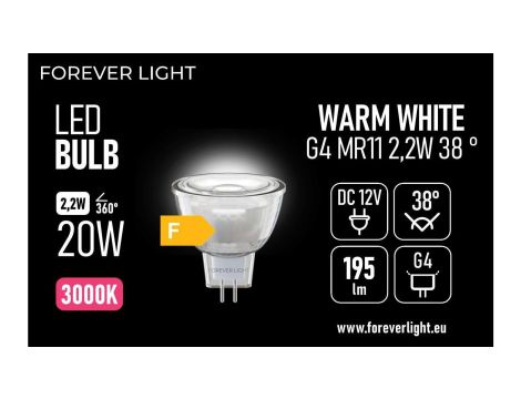 Żarówka LED G4 MR11 38 2.2W 195lm 3000K 12V szklana klasa F Forever Light