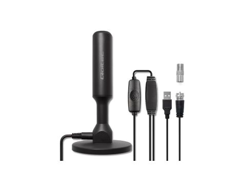 Qoltec Wewnętrzna Antena TV DVB-T2 ze wzmacniaczem sygnału i magnetyczną podstawą 4K 28dBi 5m