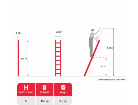 AWTOOLS DRABINA ALUMINIOWA BASIC  1x10 STOPNI 150kg.... - 3