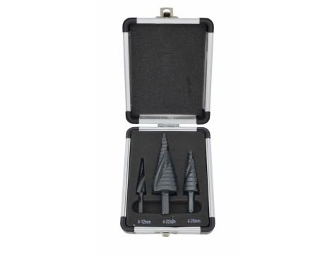 AWTOOLS WIERTŁO STOPNIOWE SPIRALNE KPL. 3szt./ 4-12 4-20 4-32mm/ AICrN/ CZARNE/ ETUI PLASTIK.