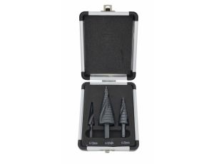 AWTOOLS WIERTŁO STOPNIOWE SPIRALNE KPL. 3szt./ 4-12 4-20 4-39mm/ AICrN/ CZARNE/ ETUI PLASTIK.