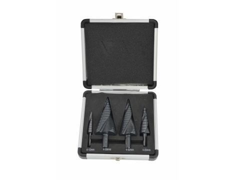 AWTOOLS WIERTŁO STOPNIOWE SPIRALNE KPL. 4szt./ 4-12 4-20 4-32 4-39mm/ AICrN/ CZARNE/ ETUI PLASTIK