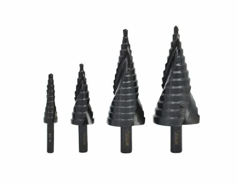 AWTOOLS WIERTŁO STOPNIOWE SPIRALNE KPL. 4szt./ 4-12 4-20 4-32 4-39mm/ AICrN/ CZARNE/ ETUI PLASTIK - 2