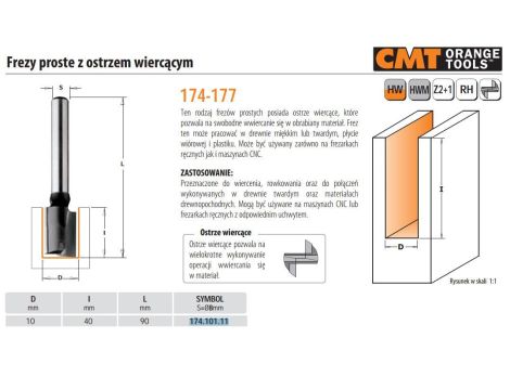 CMT FREZ HM D=10 I=40 L=90 S=8 PROSTY Z OSTRZEM WIERCĄCYM.