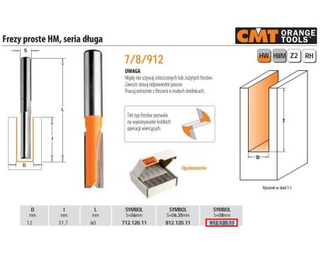 CMT FREZ HM D=12 I=31,7 L=60 S=8 PROSTY, DŁUGI.