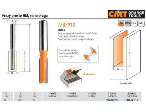 CMT FREZ HM D=12 I=38,1 L=95 S=12 PROSTY DŁUGI.