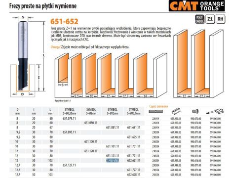CMT FREZ HM D=12 I=50 L=102,7 S=12 Z=1 PROSTY, PŁYTKI WYMIENNE.