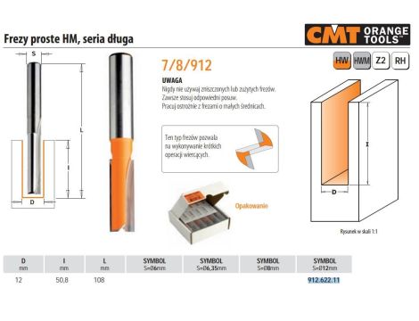 CMT FREZ HM D=12 I=50,8 L=108 S=12 PROSTY DŁUGI.