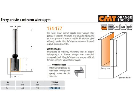 CMT FREZ HM D=14 I=40 L=90 S=8 PROSTY Z OSTRZEM WIERCĄCYM. - 2