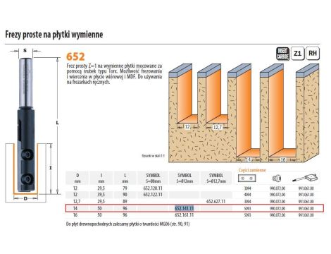 CMT FREZ HM D=14 I=50 L=95,7 S=12 Z=1 PROSTY, PŁYTKI WYMIENNE