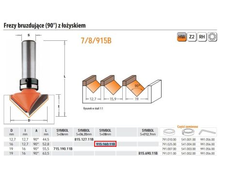 CMT FREZ HM D=16 I=12,7 A=90 S=8+GÓR.ŁOŻ BRUZDUJĄCY...