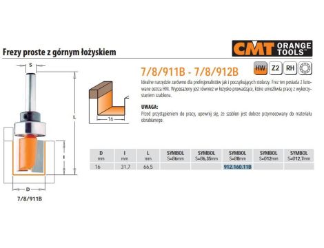 CMT FREZ HM D=16 I=31,7 L=60 S=8+GÓR.ŁOŻ PROSTY, Z GÓRNYM ŁOŻYSKIEM.