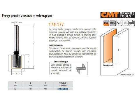 CMT FREZ HM D=16 I=40 L=90 S=8 ... PROSTY Z OSTRZEM WIERCĄCYM.