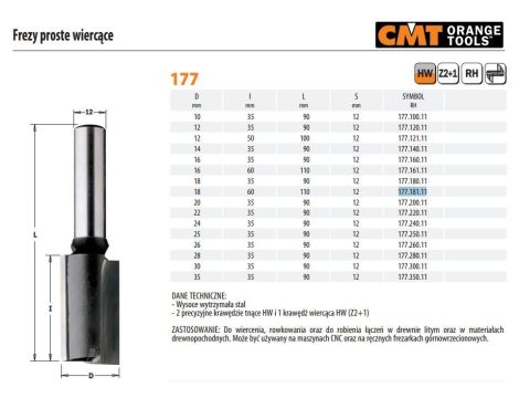 CMT FREZ HM D=18 I=60 L=110 S=12... PROSTY WIERCĄCY.