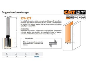 CMT FREZ HM D=24 I=20 L=70 S=8... PROSTY, Z OSTRZEM WIERCĄCYM.