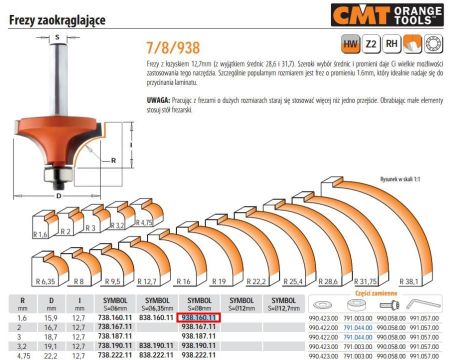 CMT FREZ HM R= 1,6 D=15,9 I=12,7 S=8 ZAOKĄGLAJĄCY  Z ŁOŻYSKIEM. - 2