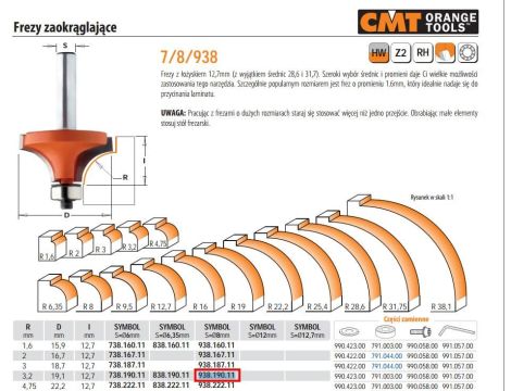 CMT FREZ HM R= 3,2 D=19,1 I=12,7 S=8 ZAOKRĄGLAJĄCY Z ŁOŻYSKIEM. ... - 2
