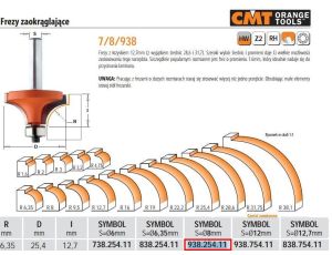 CMT FREZ HM R= 6,35 D=25,4 I=12,7 S=8 ZAOKRĄGLAJĄCY Z ŁOŻYSKIEM