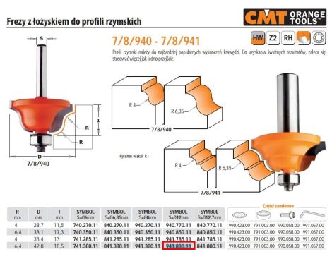 CMT FREZ HM R= 6,4 D=42,8 I=18,5 S=12... DO PROFILI RZYMSKICH Z ŁOŻYSKIEM.