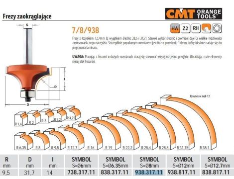CMT FREZ HM R= 9,5 D=31,7 I=14 S=8 ZAOKRĄGLAJĄCY Z ŁOŻYSKIEM - 2