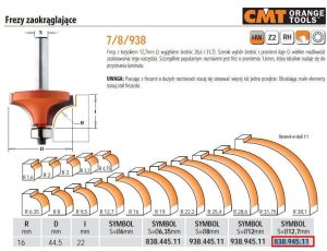 CMT FREZ HM R=16 D=44,5 I=22 S=12,7... ZAOKRĄGLAJĄCY Z ŁOŻYSKIEM.