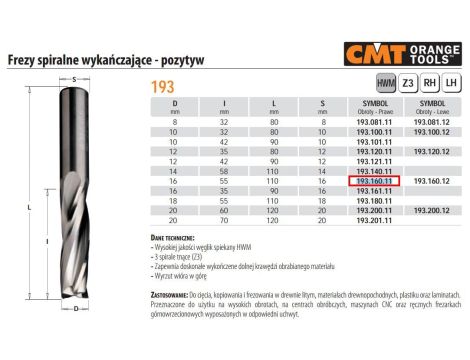CMT FREZ SPI. D=16 I=55 L=110 Z=3 S=16.. SPIRALNY, WYSOKOOBROTOWY, WYKAŃCZJĄCY.