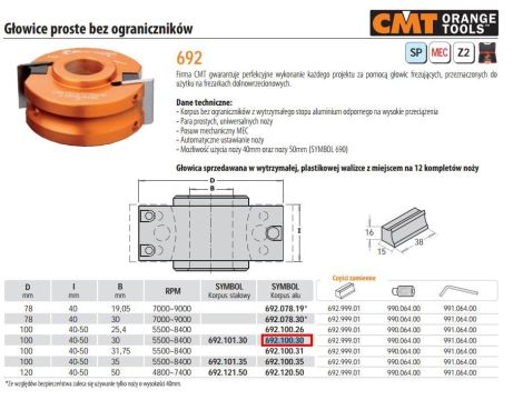 CMT GŁOWICA D=100 I=40-50 F=30 MEC ALU RPM=5500-8400 ... - 2