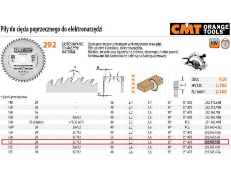 CMT PIŁA HM 165x20x2,2/1,6 Z=56 CIĘCIE POPRZECZNE, WYKAŃCZAJĄCE